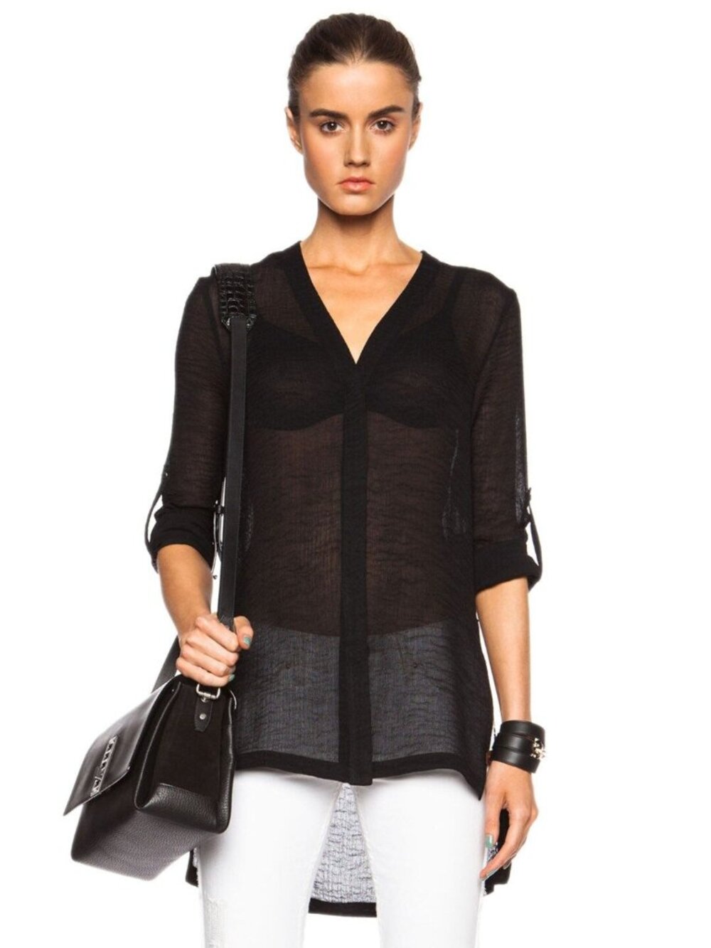 Helmut Lang Swift Button Down Triacetate-Blend Top, Size XS Petite